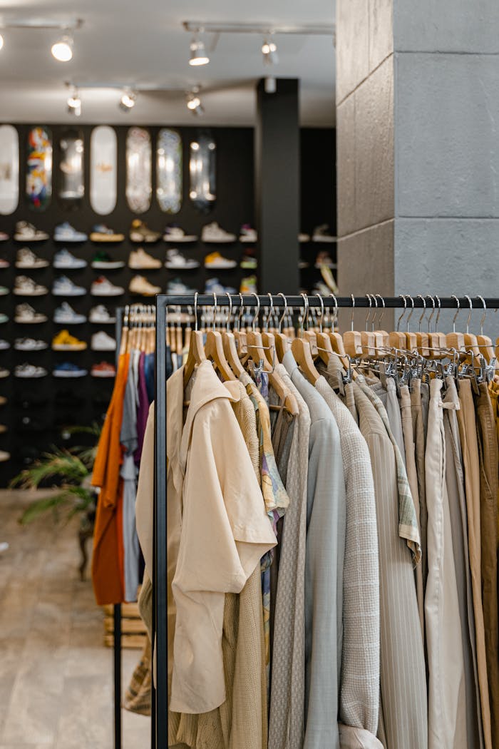 contact-img Stylish boutique interior with clothes rack and sneaker wall.